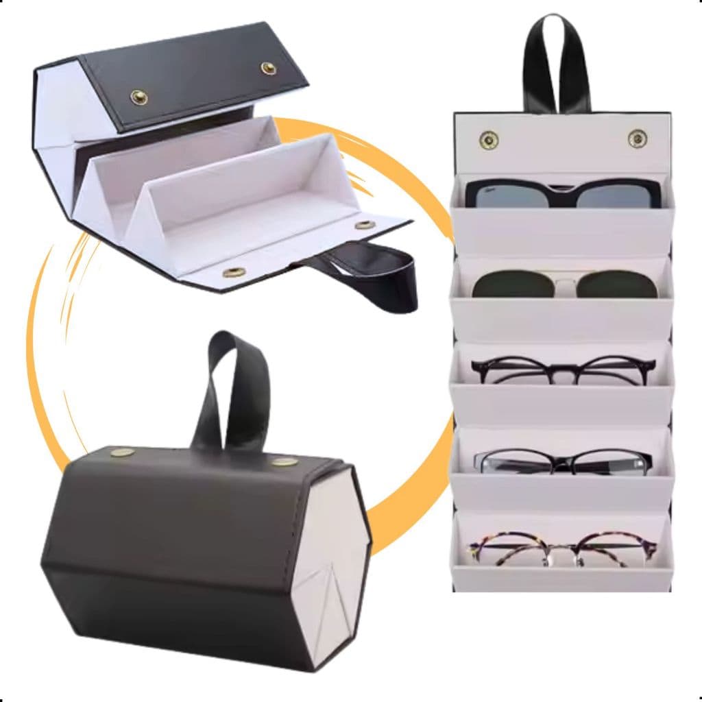 Estojo Porta Óculos Dobrável 5 Divisórias Viagem Portátil Couro Organizador