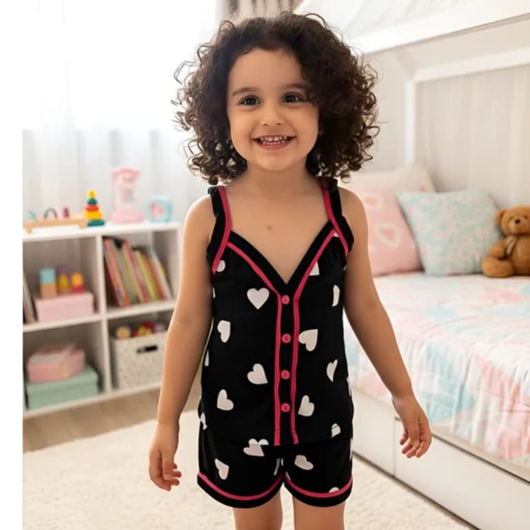 Pijama Infantil de Menina Americano de Botões Alça Calor Short e Regata Criança Verão 2 ao 12 Malha