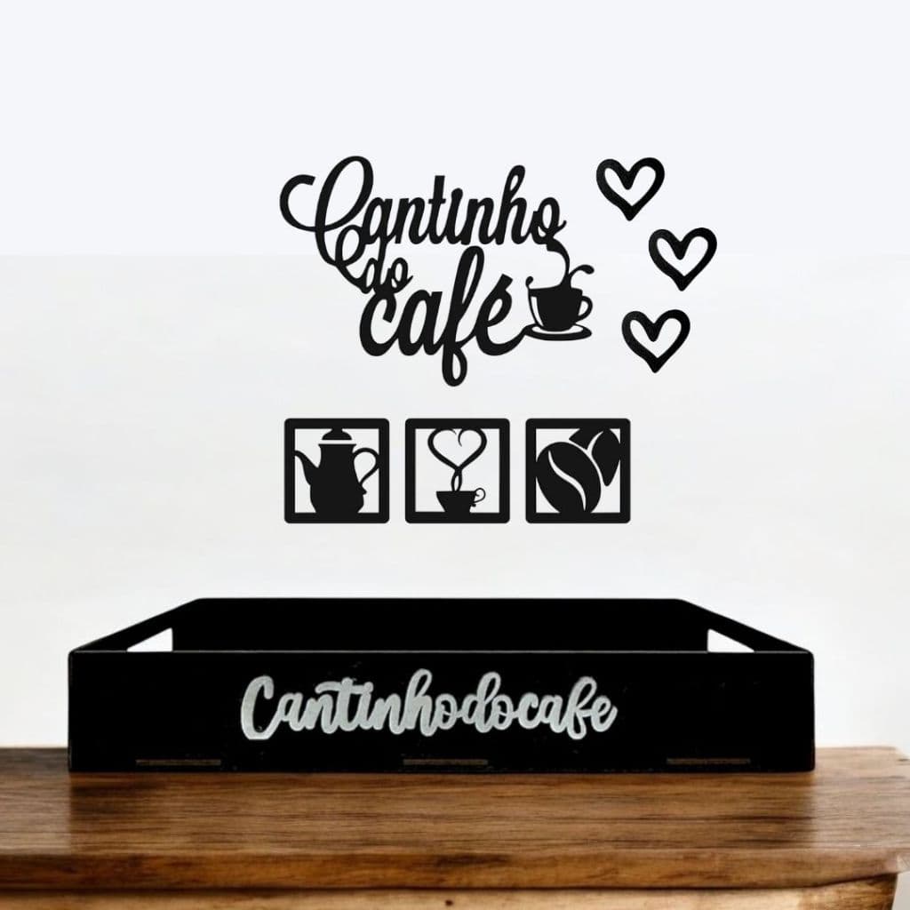 Kit Cantinho do Café Com Bandeja Retangular Grande e Apliques de Parede em MDF