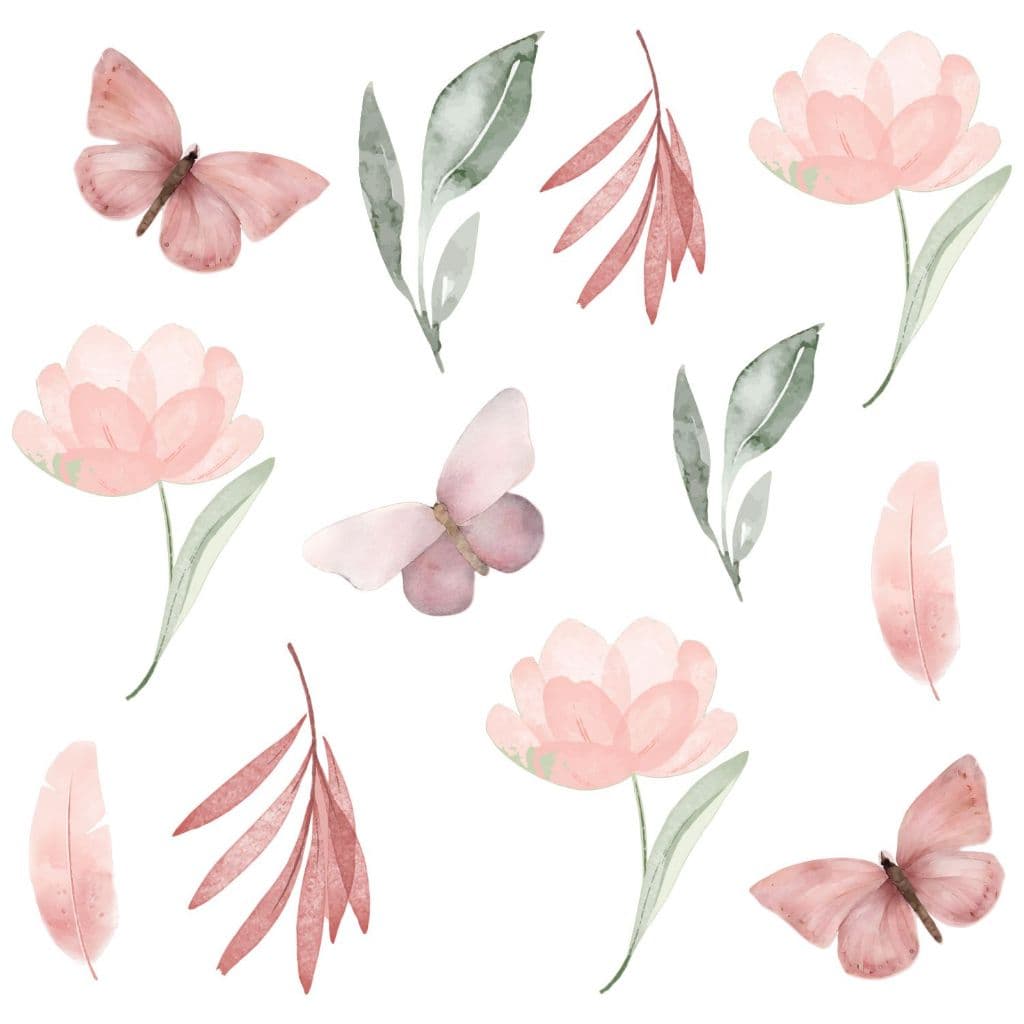 Adesivo de Parede Borboletas Floral Flor Jardim Aquarela Flores Rosa Quarto Decoração Menina