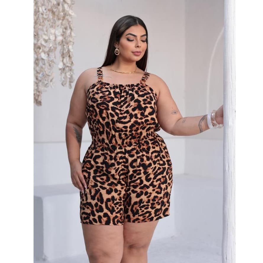 Macaquinho feminino Plus Size soltinho alça grossa viscolinho (Tamanhos GG, G1 e G2) Estampa Animal Print