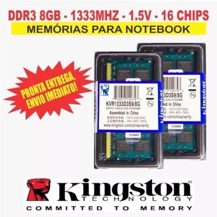 Memória Kingston Ddr3 8gb 1333Mhz 16 Chips 1.35v, 01 Unidade  KVR1333D3S9/08 NOTEBOOK