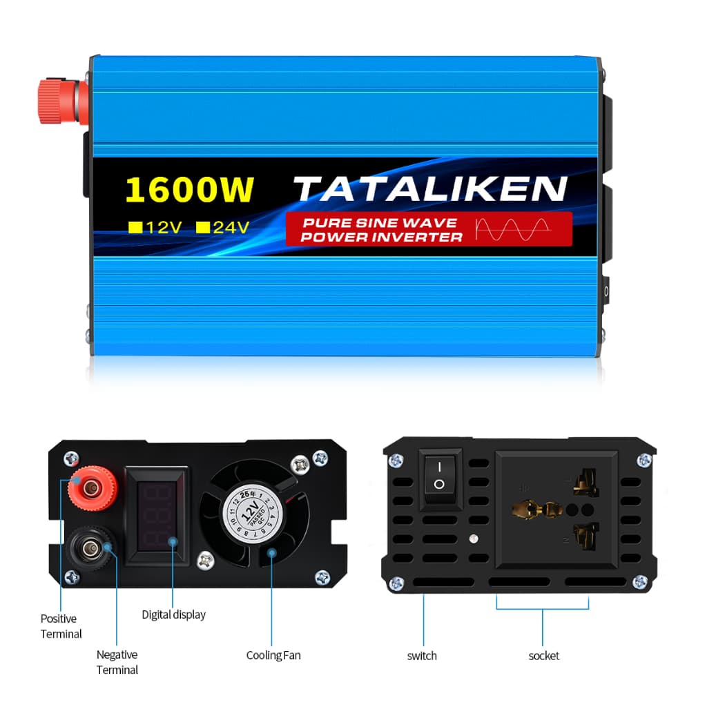 Inversor de Onda Senoidal Pura 12V/24V 110V 1600W Painel Solar para Carro Motorhome Geladeira Ar Condicionado Soldagem