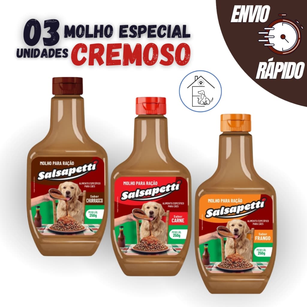 KIT 3 UNIDADES MOLHO ESPECIAL PARA RAÇÃO CÃES SALSAPETTI CREMOSO 250G VÁRIOS SABORES