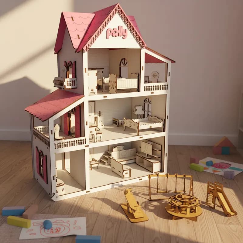 Kit Casinha de Boneca + 19 Miniatura Moveis com Parquinho em mdf Casa de Boneca Pequenas