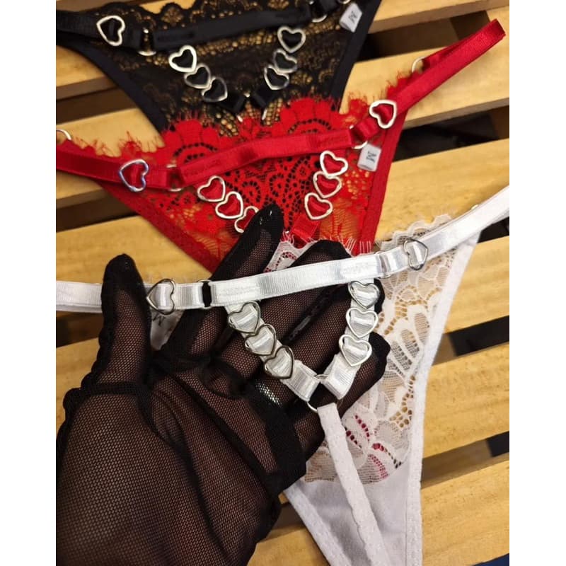 Kit 3 Calcinhas Sexy em Renda – Ajustável com Metais de Coração | Do PP ao Plus Size 50 52 54
