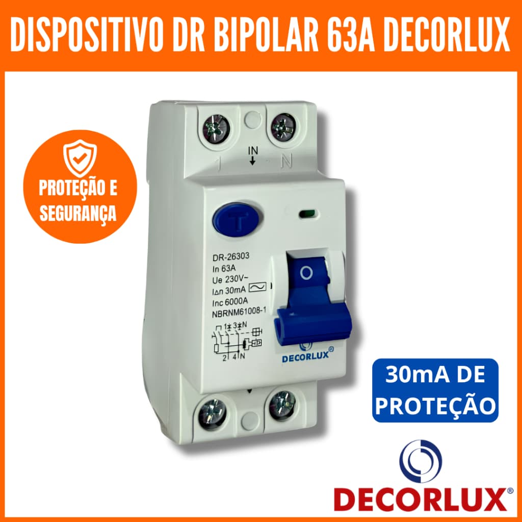 Disjuntor DR 63A 30mA Bipolar 2P Interruptor Diferencial DECORLUX