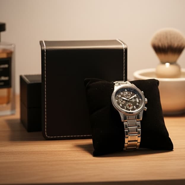 Caixa unitária para relógio em couro sintético.