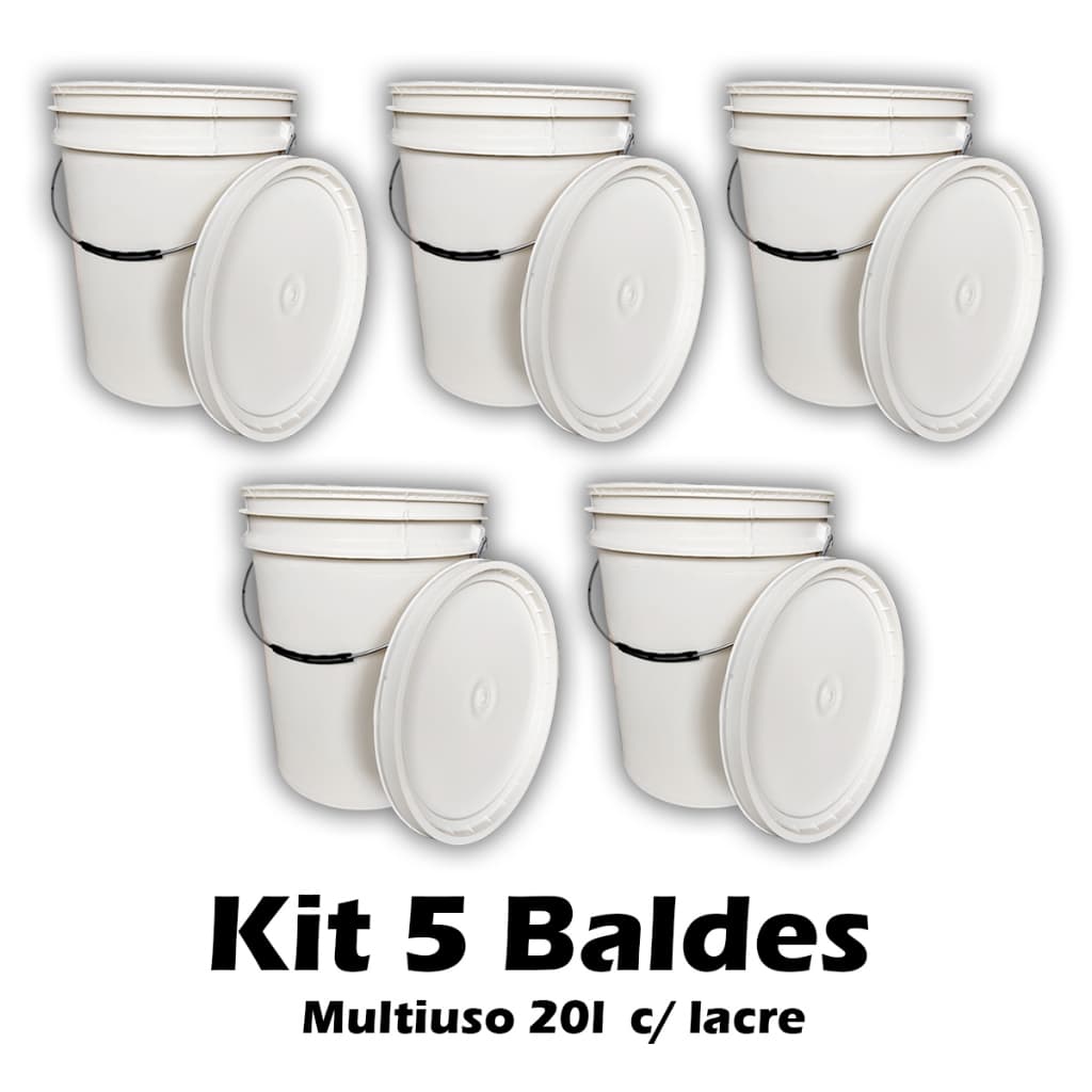 Kit 5 Baldes Plásticos 20l Branco Com Tampa E Lacre Multiuso