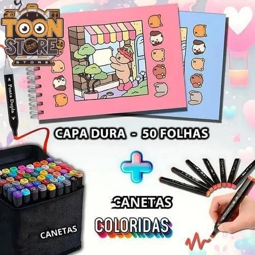 Kit Caneta Marcadora 24/36/48/60/80 Cores com 1 Um Livro Caderno Colorir de Urso Capa Dura 50 Página