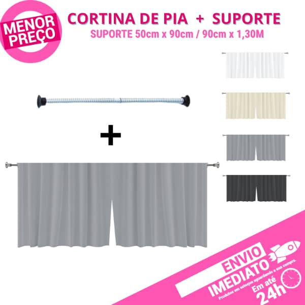 Kit 1 Cortina de Pia Bancada PVC Antimofo + 1 Suporte Varão Extensível 50cm a 1,30 Ajustável Cozinha