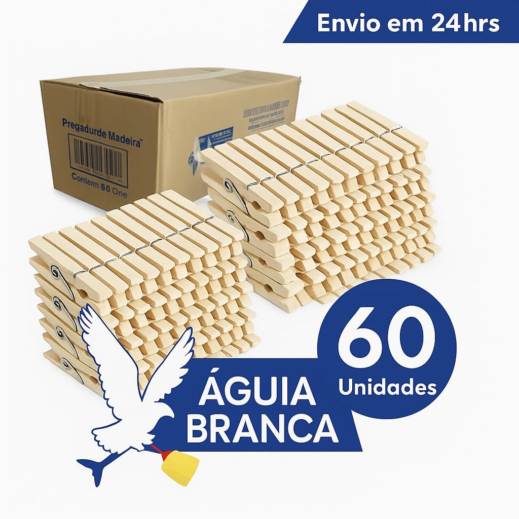 Kit com 60 Unidades Pregadores de Madeira Águia Branca