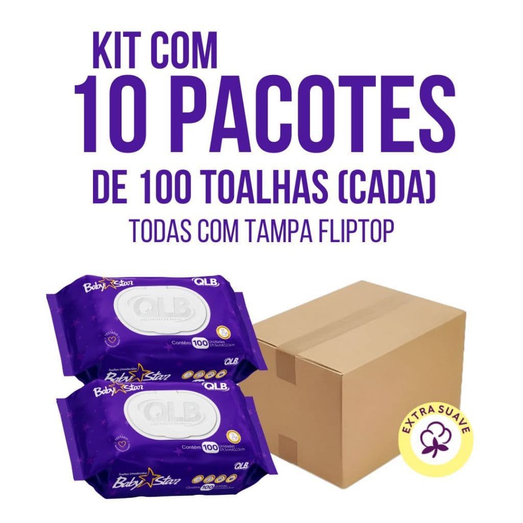 Caixa com 10 Lenços/Toalhas Umedecidas Baby Star Roxa com 100 Unidades Cada – Tampa FlipTop