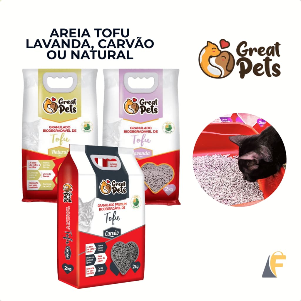 Areia Gatos Tofu 2kg Granulado Biodegradável Higiênico Natural Lavanda e Carvão Great Pets