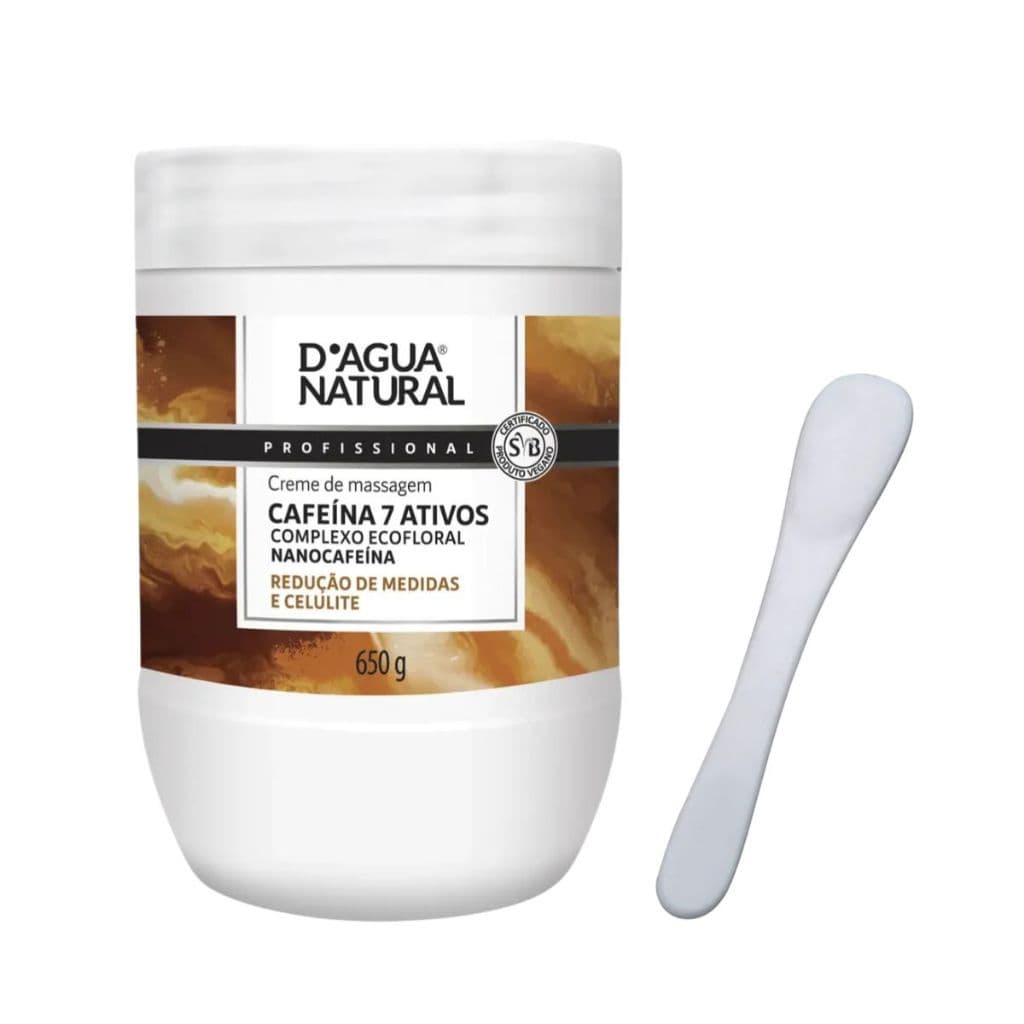 Creme de Massagem Cafeína 7 Ativos D'Agua Natural 650g e Espátula Acrílica