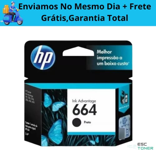 Cartucho De Tinta HP 664 Preto Original F6V29AB Impressoras 2136, 2676, 3636,3776, 5076, 5276
