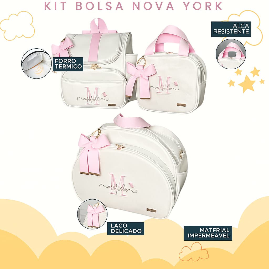 Kit Maternidade 3 Peças Bolsa, Mochila e Bolsa M Personalizado Térmica Impermeável, Coleção Nova York