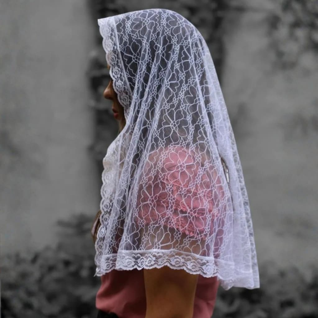 Véu Católico Feminino Renda Branca Oval Para Missa e Adoração