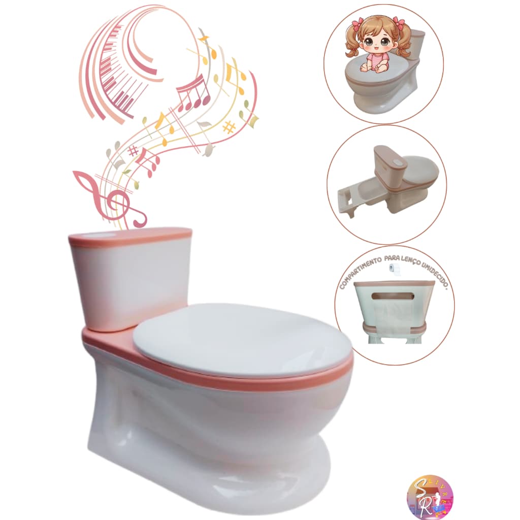 Privadinha Banquinho Musical (Simula Som Real da Descarga) até 32Kg Infantil Troninho Desfralde Rosa