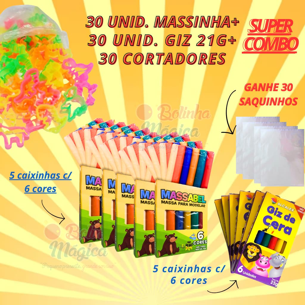 Kit 30 Unidades Massinha Modelar + 30 Unidades Giz+ 30 Cortadores + Ganhe 30 Saquinho Lembrancinha