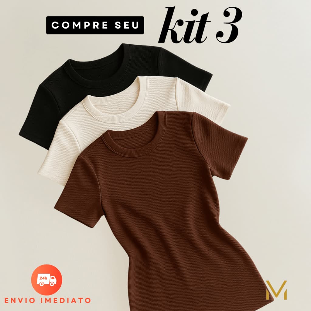 Kit 3 Blusas Feminina Estilosa Ribana Canelado Elegante Tendência Verão