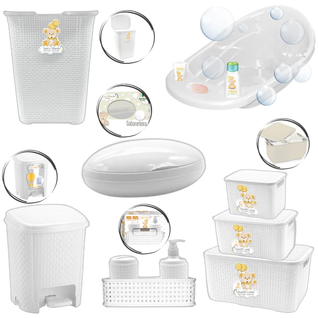 Kit Banho Prático Com Banheira Lixeiras E Cestos Organizador