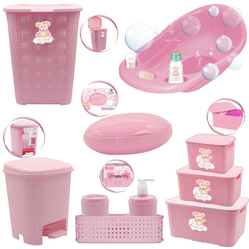 Kit Para Banho Organizador Bebê Baby Rosa Menina Banheira Saboneteira Cestos E Lixeira