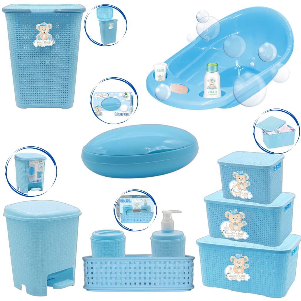 Kit Para Banho Bebê Menino Menina Banheira Cesto Sabonetera Lixeira