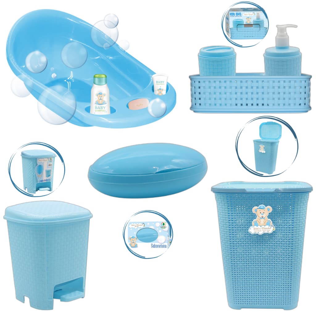 Kit Para Banho Organizador Bebê Baby Azul Menino Banheira Saboneteira Cestos E Lixeira