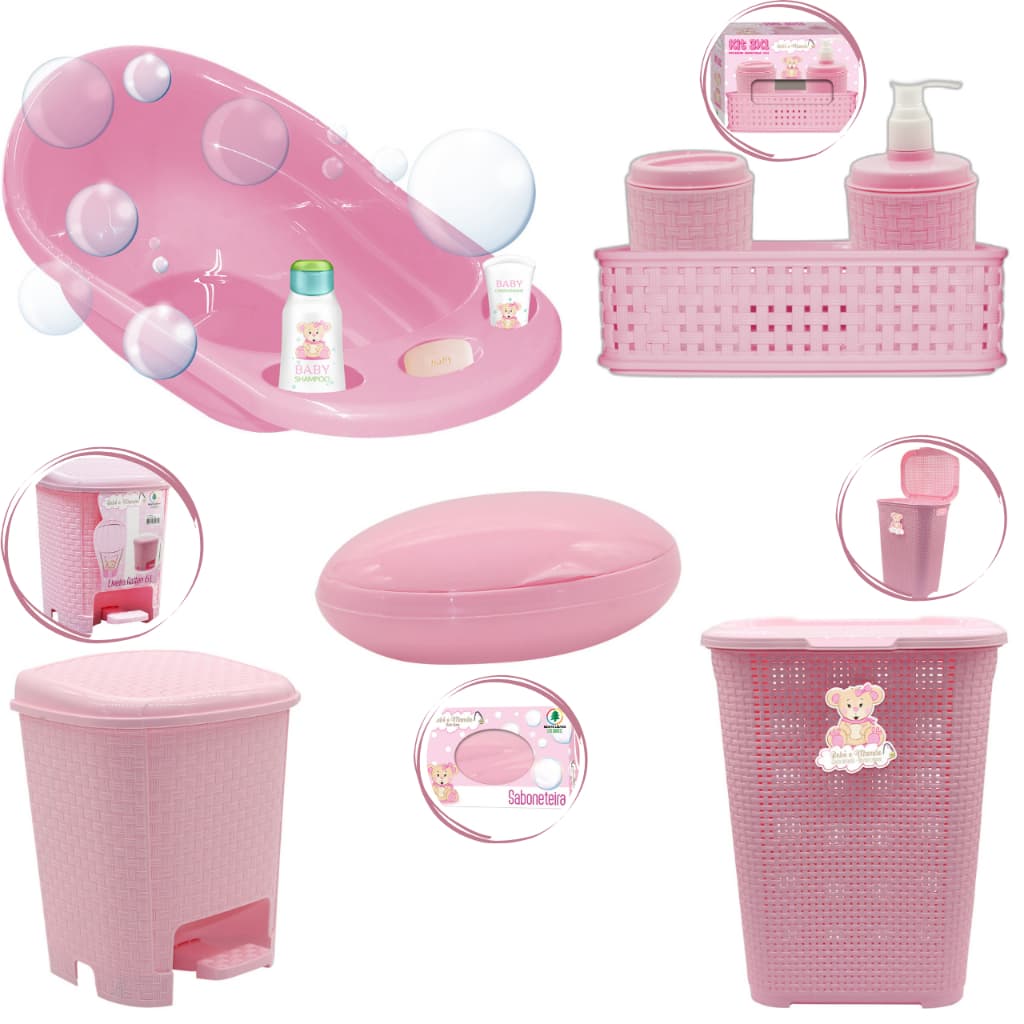Kit Banho Bebê Azul/rosa/Branco Banheira Cesto Lixeira Saboneteira Organizador Quarto Infantil