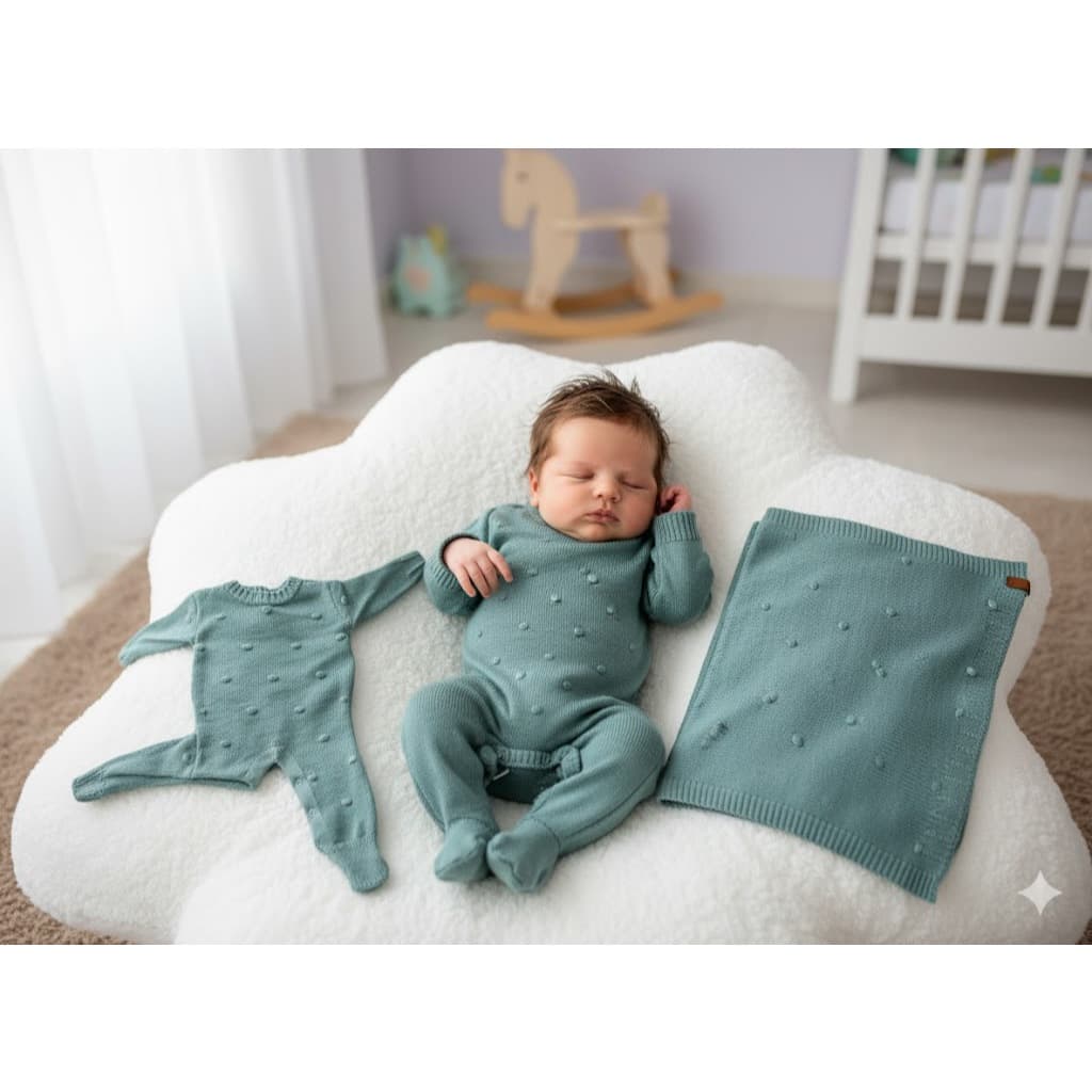 Kit Macacão Manta Cobertor Saìda Maternidade Tricot Bolinhas Menino Menina Bebê Tricô RN Infantil