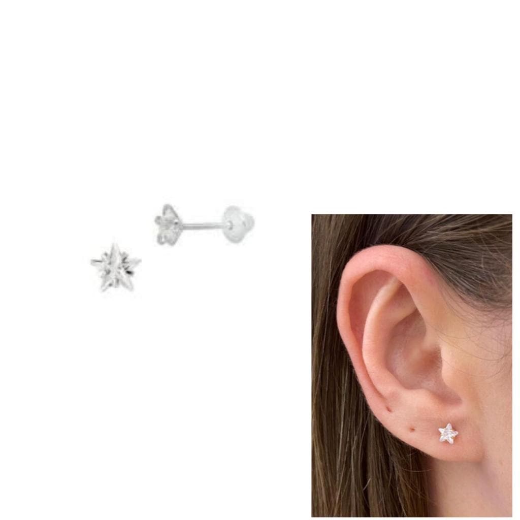 Brinco infantil bebê 4mm estrela zircônia tarraxa baby + saquinho de veludo _prata925