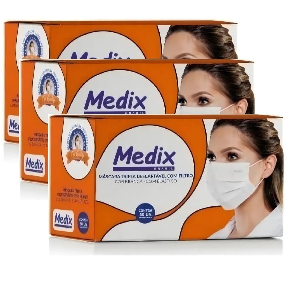 KIT 3 CAIXAS DE MASCARA DESCARTAVEL COR BRANCA C/50 UNIDADES - MEDIX