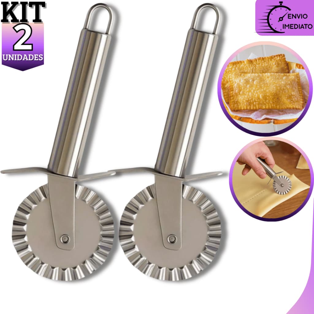 Kit 2 Carretilha Cortador Para Fechar e Cortar Massas Pastel Pizzas Em Aço Inox Premium