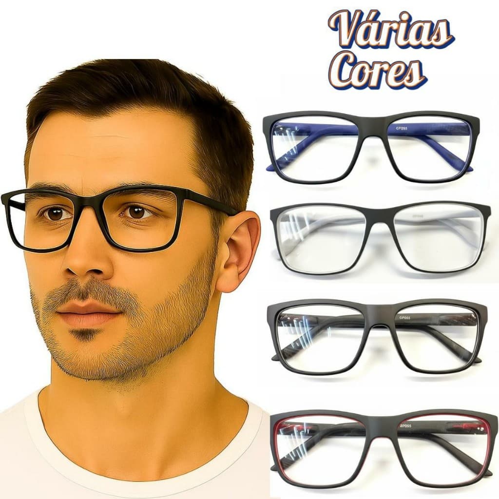 Óculos Armação  Sem Grau Masculino Retangular Emborrachado Varias Cores