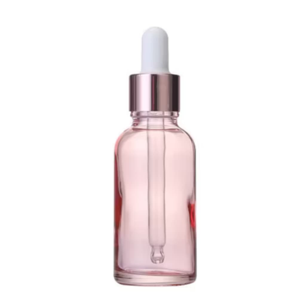 Frasco de Vidro Rosa Cilíndrico 30ml Moderno c Conta Gotas Branca Lisa Metalizada Rose 18/410 VAZIO para Serum Reparador