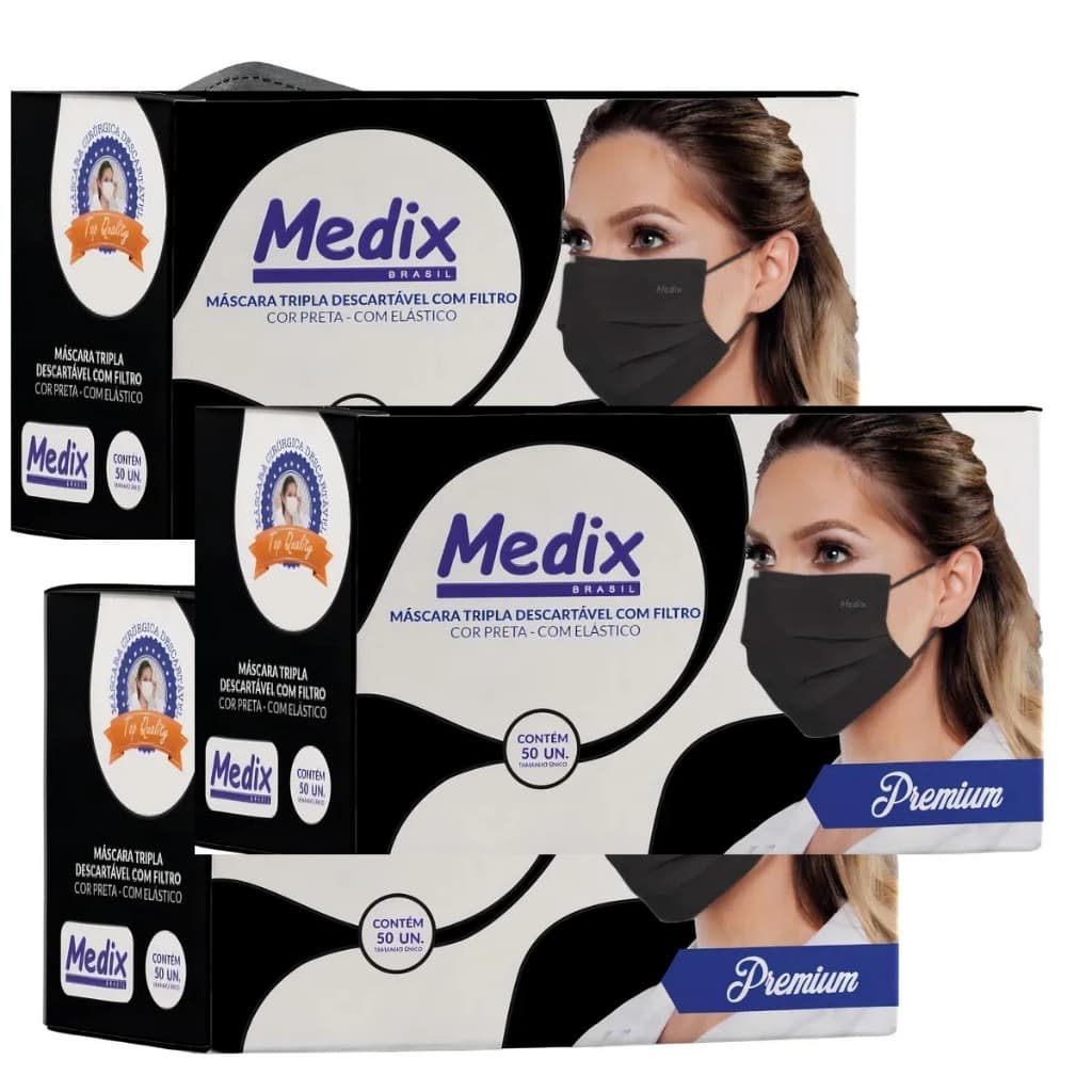 KIT 3 CAIXA DE MASCARA DESCARTAVEL COR PRETA C/50 UNIDADES - MEDIX