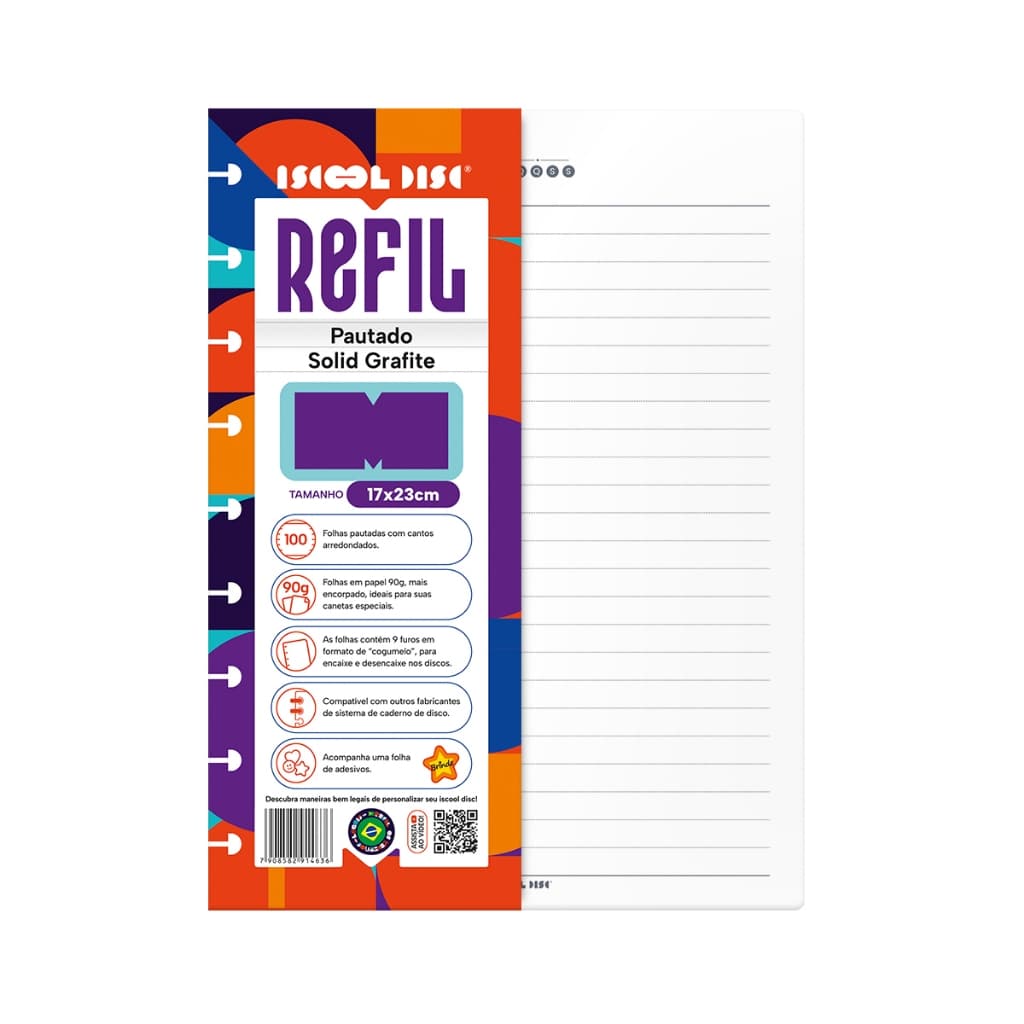 Refil Caderno De Disco Iscool Inteligente Pautado SOLID Cores 100 Folhas 90g Médio