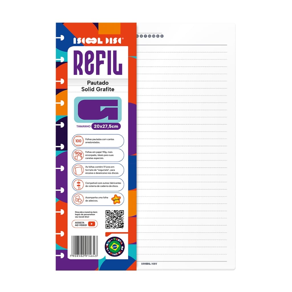 Refil Caderno De Disco Iscool Inteligente Pautado SOLID Cores 100 Folhas 90g Grande