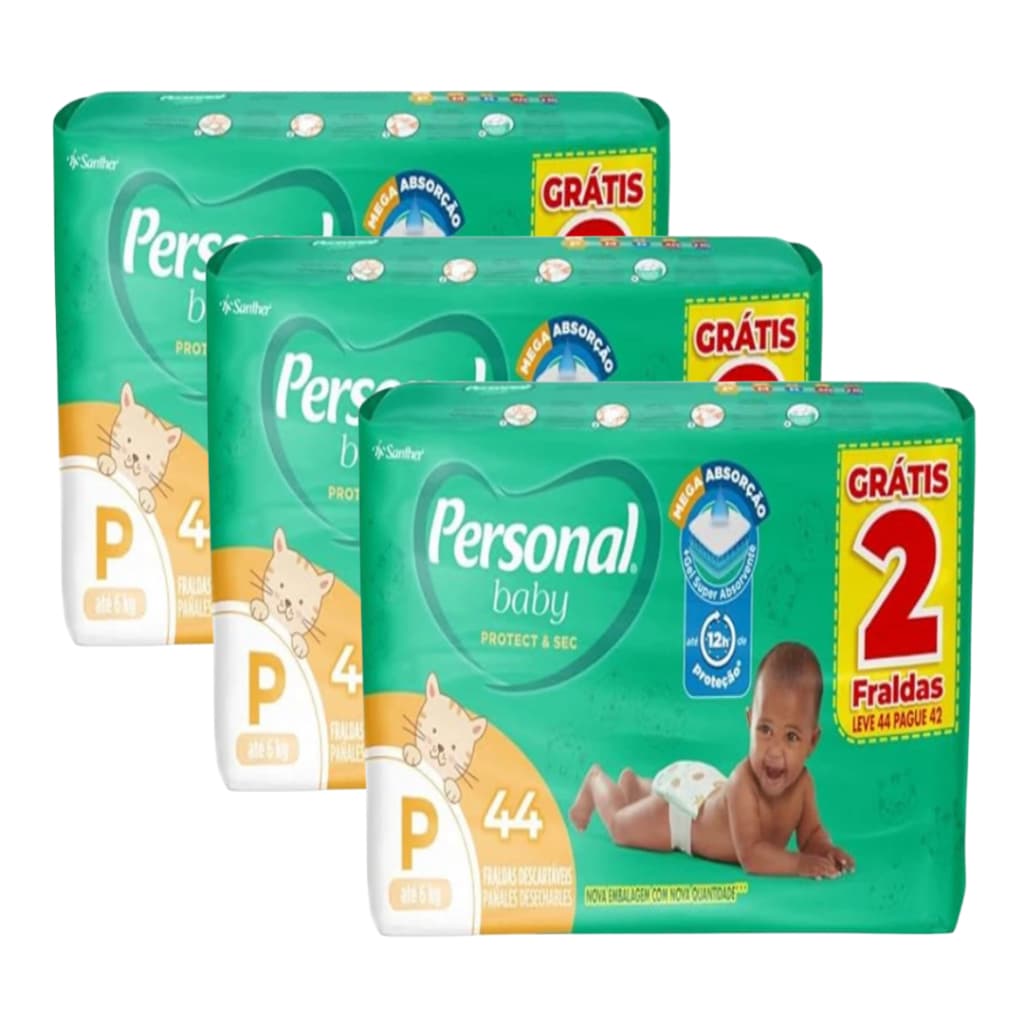 Kit 3 Pacotes Fraldas Descartáveis Personal Baby Protect & Sec MEGA - Tam P - 132 unidades