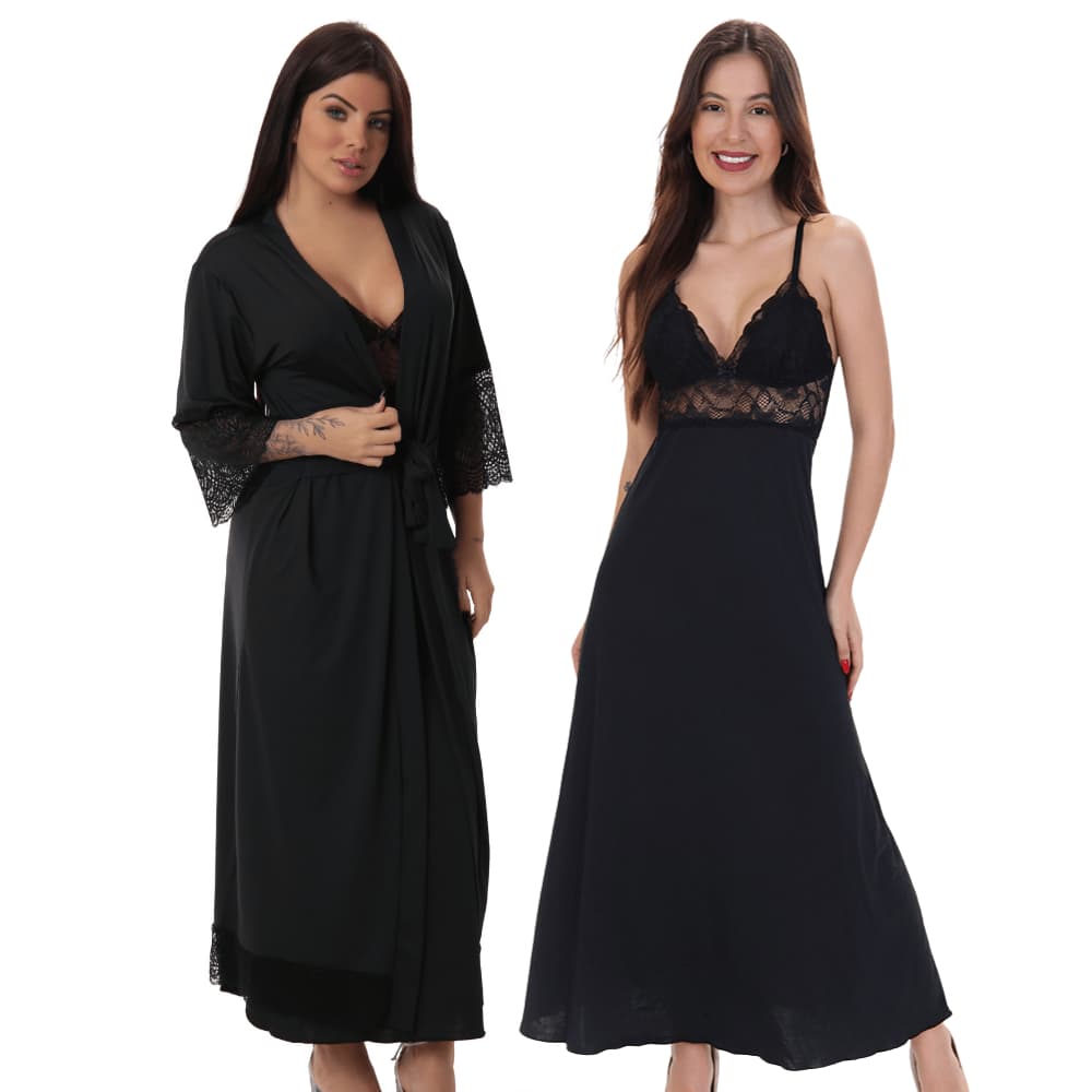 Kit Robe Longo e Camisola Longa Sem Bojo em Microfibra e Renda