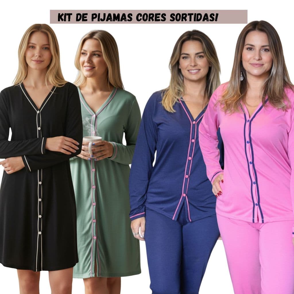 Kit com 2 Pijamas Amamentação (Camisola + Pijama) manga Longa Amamentação em Malha Cores Sortidas
