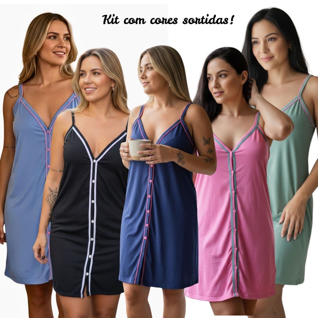 Kit com 3 Camisolas Amamentação Pós Parto Cirúrgica com Botões Alcinha em Malha Estampas Sortidas