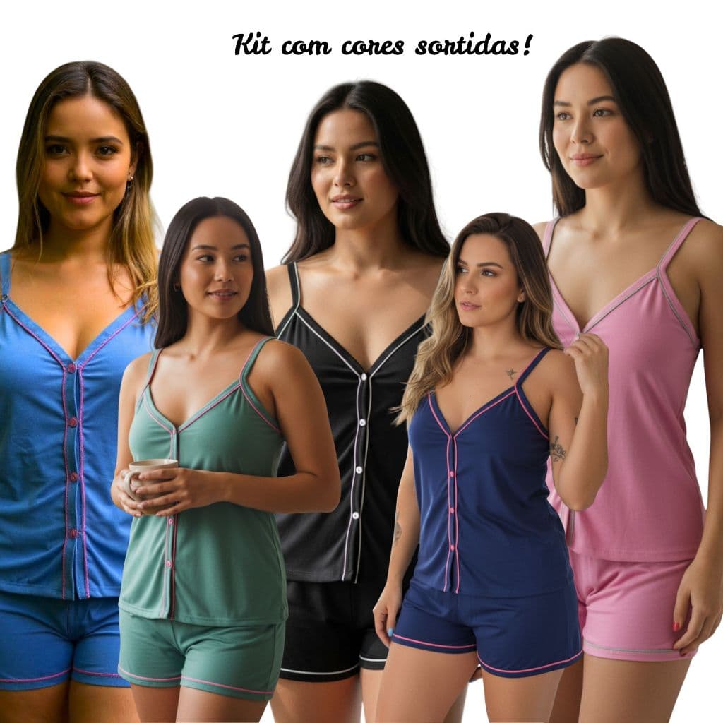 Kit com 3 Pijamas Baby Doll Amamentação Alcinha em Malha Cores Sortidas blogueirinha Com Botões