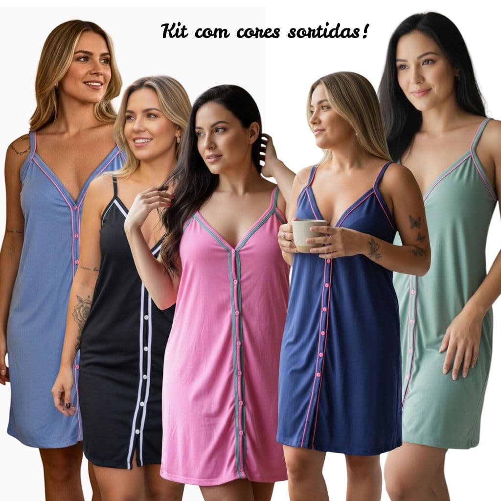 Kit com 3 Camisolas Amamentação com Botões Alcinha Cirúrgica Pos Parto em Malha Cores Sortidas