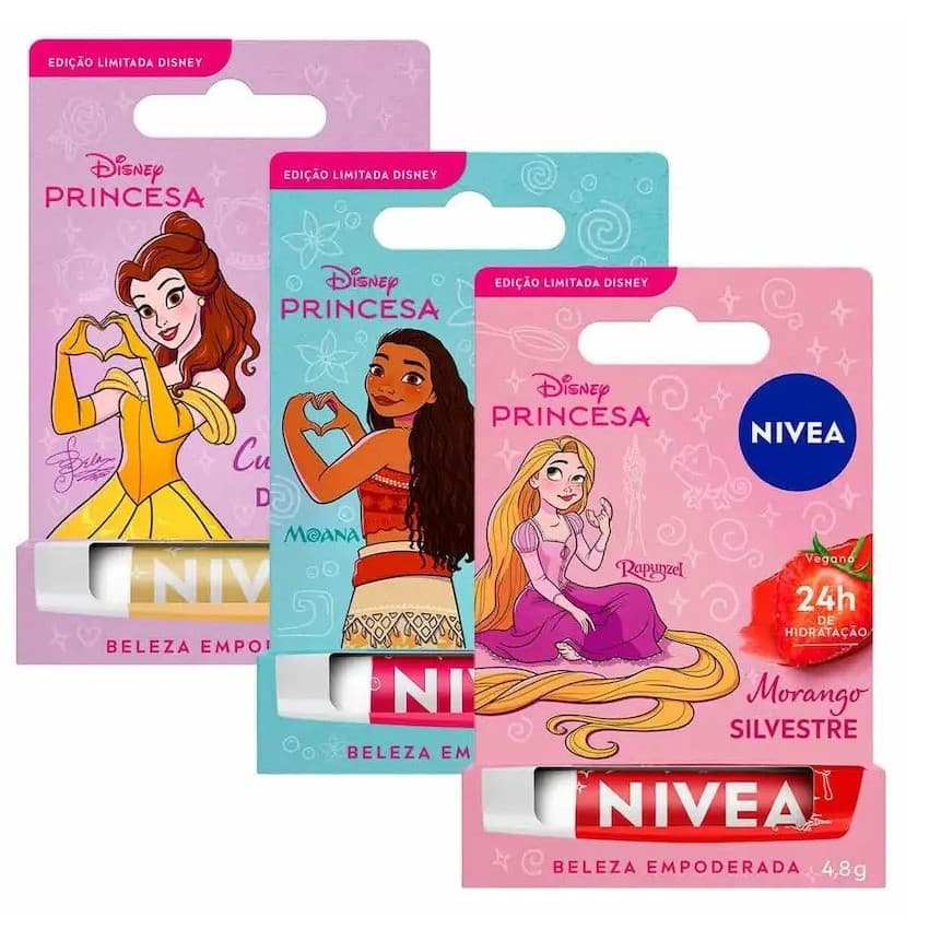 NIVEA HIDRATANTE LABIAL DISNEY PRINCESAS CUPCAKE DE BALNILHA - SURBET DE MELANCIA - MORANGO SILVESTE 4.8G EDIÇÃO LIMITAD