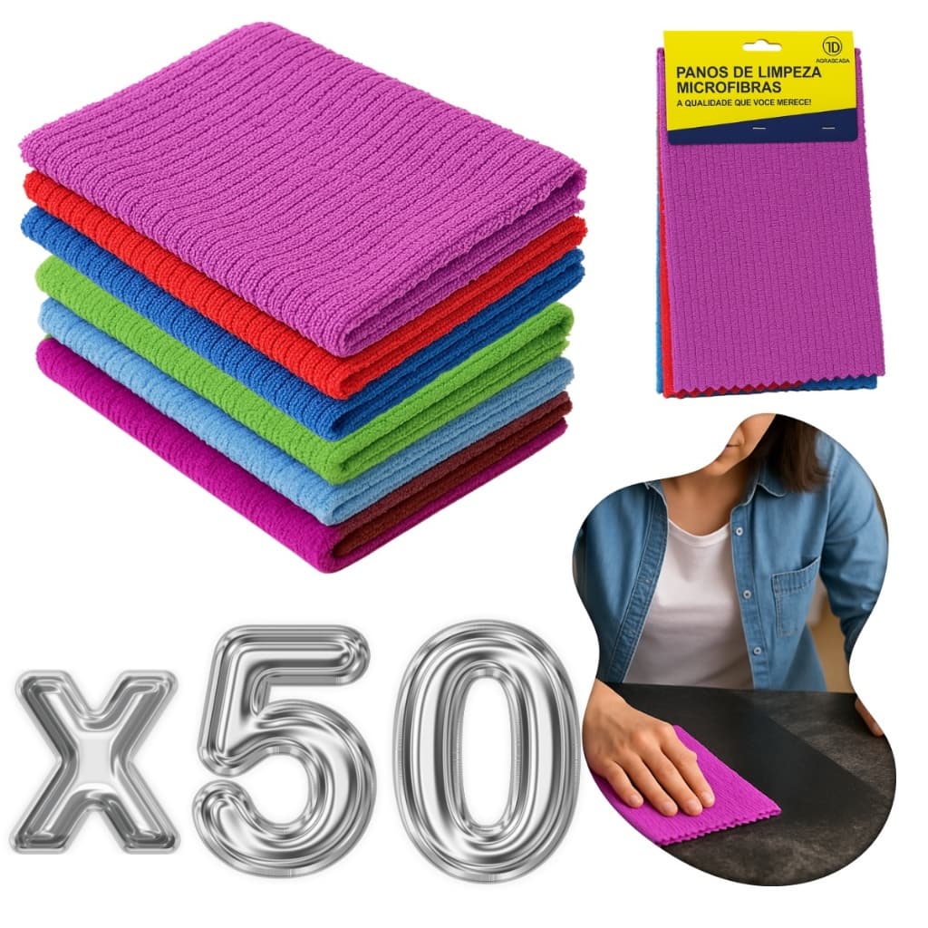 Kit 50 Panos De Limpeza Microfibra alta absorção Multiuso 30x30 para cozinha carro casa vidros
