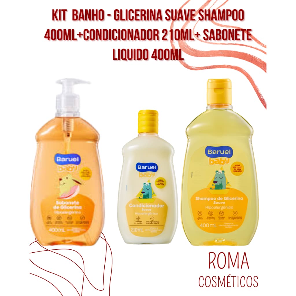 Kit Sabonete Líquido Glicerina Suava 400ml + Shampoo 400ml Glicerina + Condicionador 210ml Glicerina – Baruel Baby