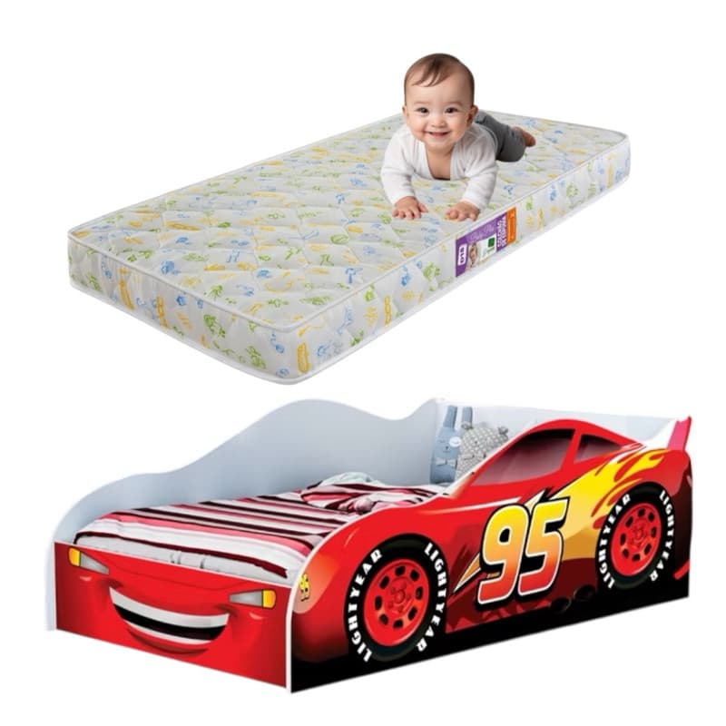 Cama Infantil Com Colchao 150x70x9 Carro de Corrida Mcqueen Vermelho Menino Quarto Temático Proteção Lateral Divertido