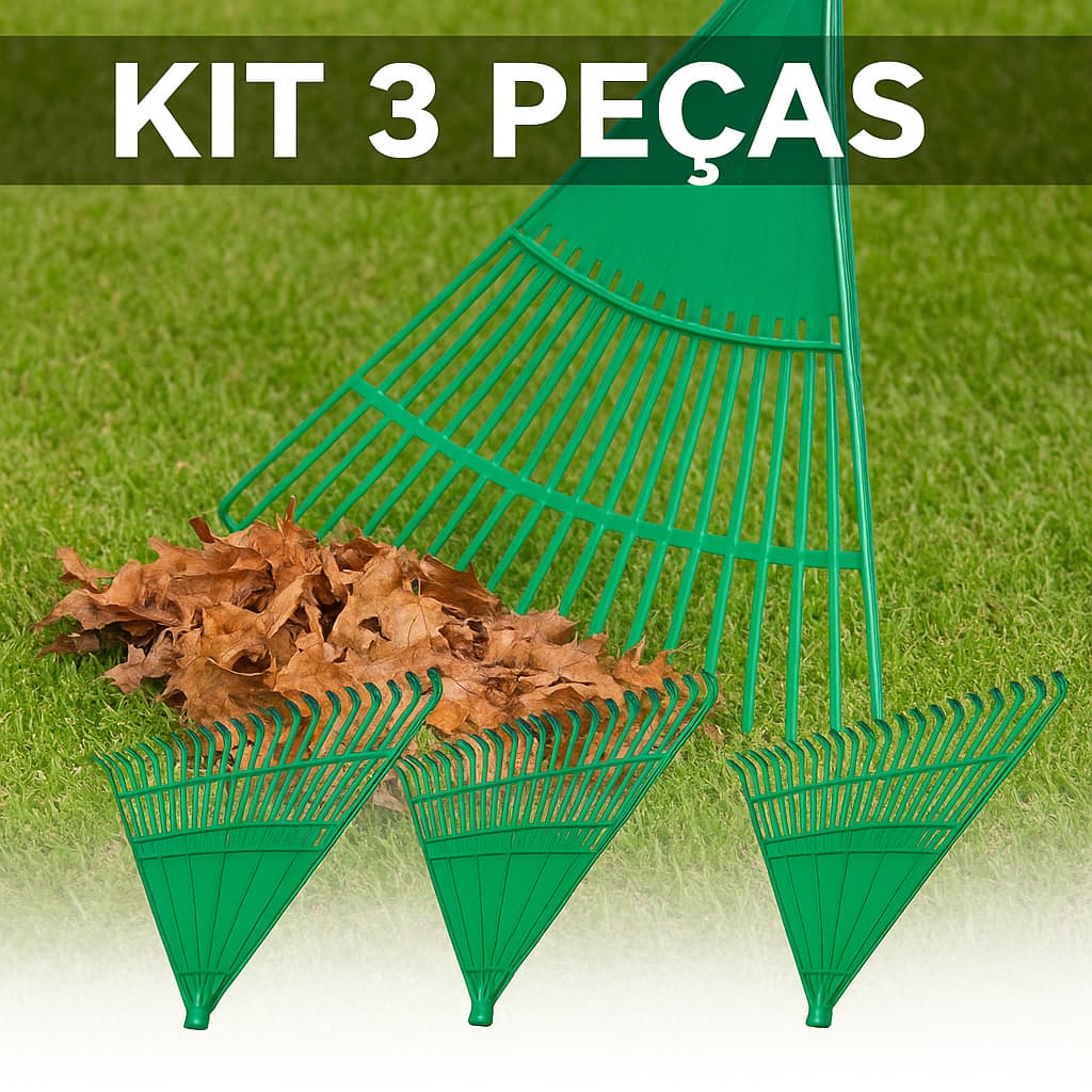 Kit 3 Vassouras de Jardim 22 Dentes Plastica Verde Sem Cabo  - Alta Durabilidade e Resistencia